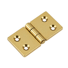 A pristine, miniature, polished brass butt hinge for a craft box, isolated on a transparent studio background with no shadows. Product photography concept of precision hardware
