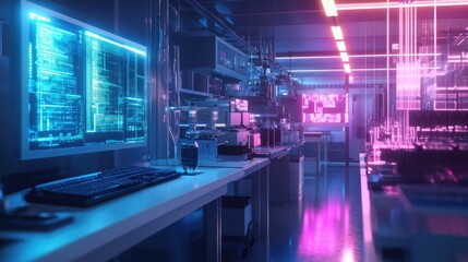 Fototapeta premium Neon-Lit Tech Lab: Futuristic Workspace with Advanced Computer Systems