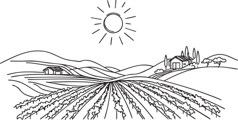 Sketch vineyard harvest landscape. Hand drawn monochrome vintage horizontal sketch