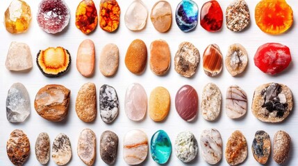 Colorful collection of polished gemstones arranged in a vibrant display