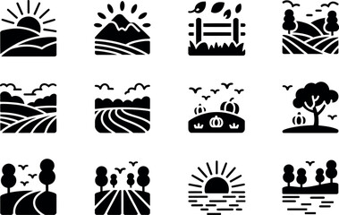 Serene Farmland Sunset Icons:  Simple Black Glyph Illustrations