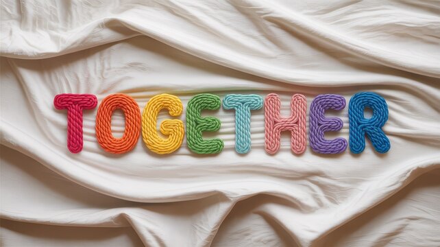 A cozy top-down view of the word 'Together' made of handmade-style knitted yarn, symbolizing unity and diversity