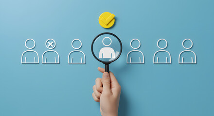 Talent acquisition and recruitment process concept. Hand with magnifying glass choosing the right candidate.