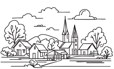 vector hand drawn village houses sketch and nature, landscape