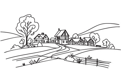 Hand drawn village houses sketch and nature, landscape