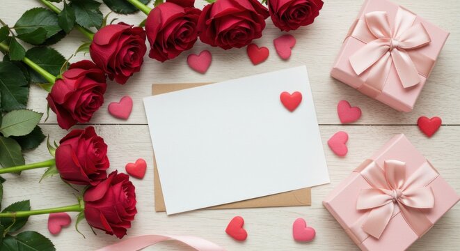 A top-down view displays red roses, a blank card with an envelope, pink heart shapes scattered about, and gift boxes with ribbon - Powered by Adobe