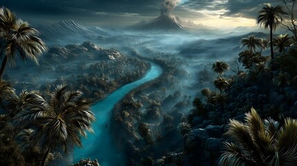 Aerial nature scene turquoise river valley