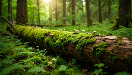 Obraz premium Enchanting forest floor scene with moss-covered log and delicate mushrooms bathed in sunlight