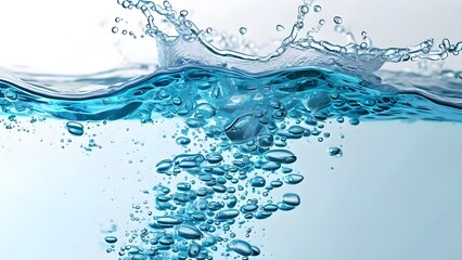 blue water with splashes and air bubbles on a white backdrop