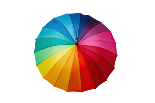 Overhead view of a colorful umbrella.  A vibrant rainbow of hues spans the umbrella's surface, radiating outwards from a central point.  The umbrella is in sharp focus against a pure black background