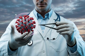 Medical professional in white coat and stethoscope holding a virus model and surgical scissors ready for research and treatment