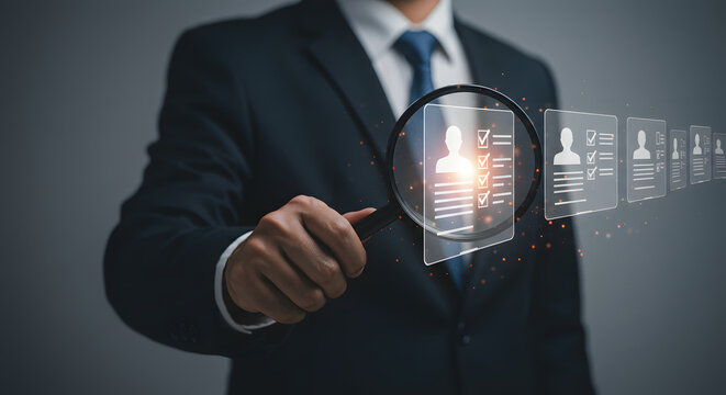 Businessman using a magnifying glass for a professional recruitment search on a virtual screen. - Powered by Adobe