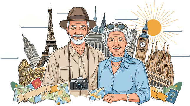 Senior couple with images of iconic European monuments. Illustration for campaigns on active retirement and senior tourism. A Older Couple Exploring Europe. Illustration of Cultural Tourism 