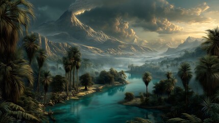 Primeval river valley sshaped turquoise stream nature scene