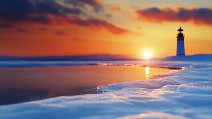 Fototapeta premium Sundown at the lighthouse with melting ice on calm water in winter