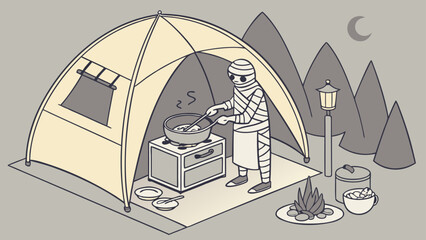 A mummy enjoys a nighttime camping trip cooking a meal over a portable stove under the moonlight with mountains in the background