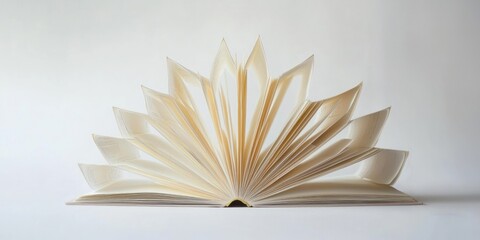 Open hardcover book with pages fanned out on white background