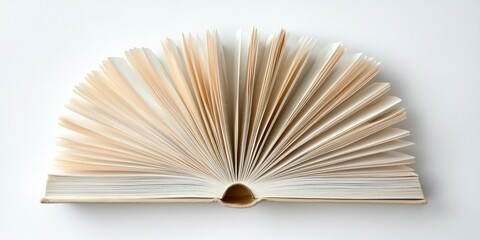 Open hardcover book with pages fanned out on white background