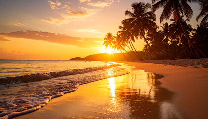 Golden sunset over tropical beach with palm trees and gentle waves, evoking paradise and serenity.