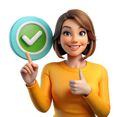 Young Smiling Woman Kate Pointing at Green Check Mark Button &ndash; Approval, Success & Task Completion Concept