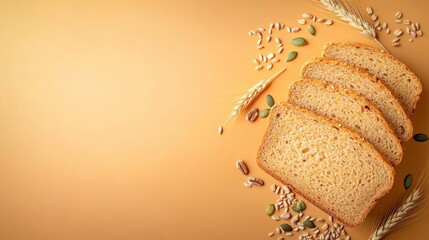 Freshly sliced multigrain bread with seeds on a neutral background