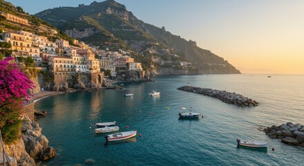 Fototapeta premium Stunning Amalfi Coast village bathed in golden hour light with calm turquoise waters
