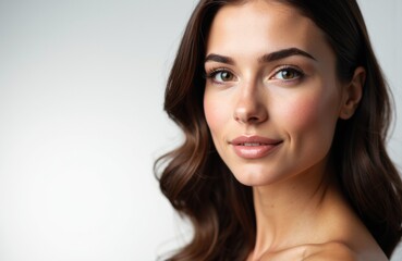 Fototapeta premium A woman with long, dark hair and clear skin smiling softly at the camera