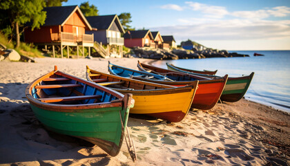 Colorful fishing boats rest on sandy beach with coastal cabins and calm sea under blue sky