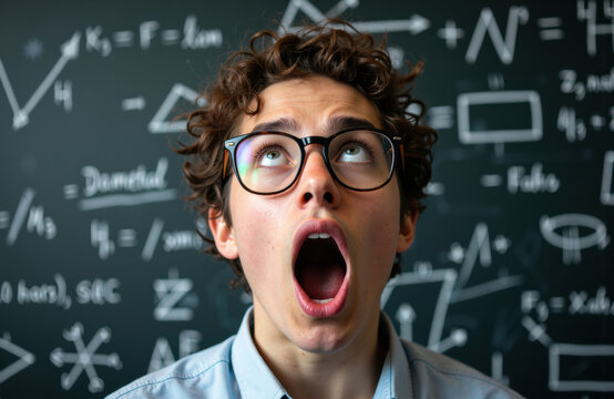 A young man with curly hair and glasses looks surprised or shocked in front of a blackboard filled with mathematical formulas and diagrams