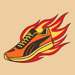 Fast Running Shoe with Fiery Flames Design Illustration