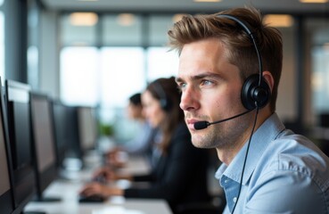 Customer support agent wearing a headset working at a call center
