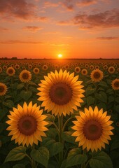 Fototapeta premium Sunflowers at sunset horizon