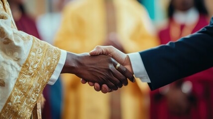 People dressed for Sunday worship shaking hands