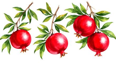 Red pomegranates with green leaves on branches isolated on a transparent background fruit