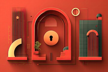 Abstract architectural design, featuring arches, geometric shapes, and a keyhole, in warm orange and muted tones