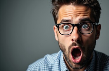 Surprised man with glasses expressing shock or disbelief in close-up portrait