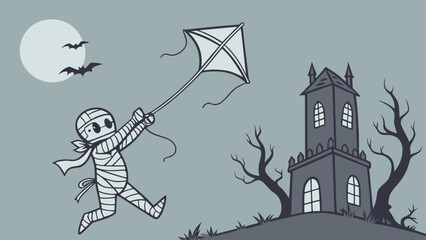 A playful mummy enjoys a windy halloween night flying a kite under a full moon near a spooky old church and silhouetted bats