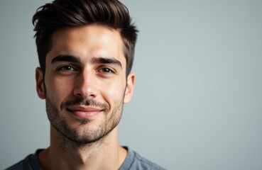 Obraz premium Smiling young man with dark hair and a well-groomed beard looking at the camera