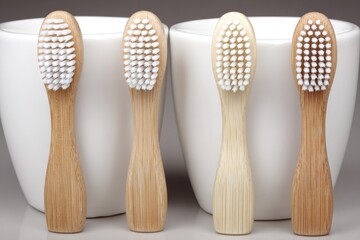 Two pairs of small, light-brown wooden toothbrush handles with white bristles in white ceramic cups