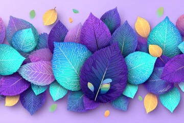 Colorful layered leaves in shades of purple, blue, and teal on a pastel purple background