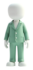 Calm 3D human figure in stylish mint green business suit stands formally