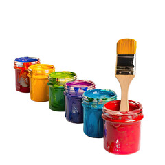 Colorful paint jars in a row with a paintbrush