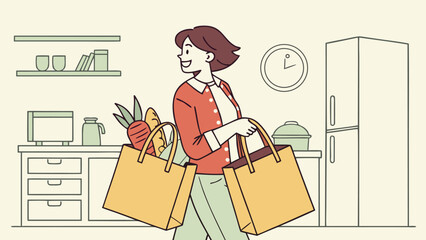 A woman happily carries two reusable shopping bags filled with groceries returning home to her kitchen after a successful shopping trip