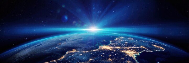 Fototapeta premium detailed earth at night from space, realistic night sky, bright aurora, glowing atmosphere, earth's landmasses and cities visible, dramatic lighting, cinematic, highly detailed 
