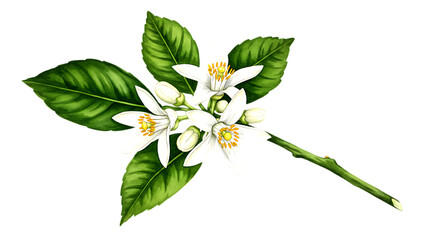 White orange blossoms with green leaves on a branch isolated on a transparent background flower