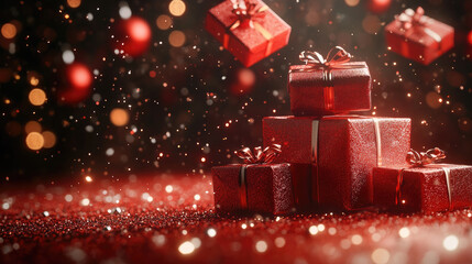 Magical Christmas Sale Concept with Floating Gift Boxes Unwrapping Above Glowing Podium and Sparkling Effects
