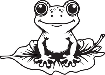 Obraz premium Smiling Frog on a Leaf: A charming monochrome illustration captures a smiling frog resting on a leaf, radiating a sense of playful tranquility.