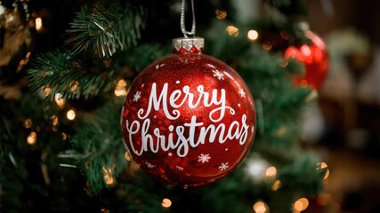 hanging christmas tree ball with merry christmas text in cozy livingroom animation - Powered by Adobe