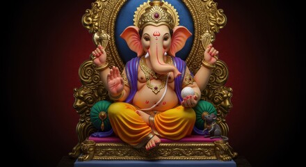 Obraz premium Majestic Ganesha seated on ornate throne, blessing devotees with divine grace and wisdom
