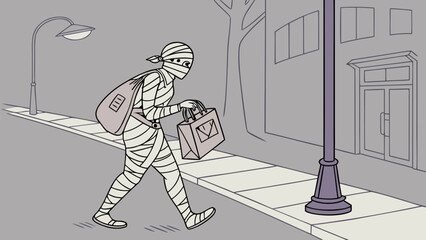 A mummy in bandages walks down a city street at night carrying a shopping bag and a backpack